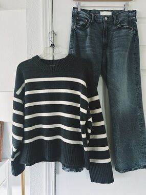 H&M Black and White Striped Crewneck Sweater